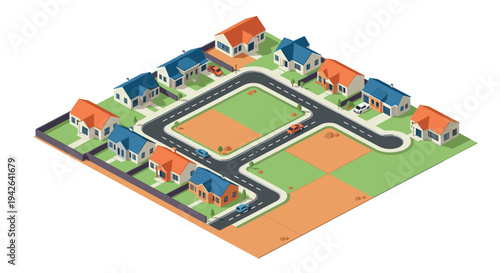 Isometric suburban neighborhood with houses and roads