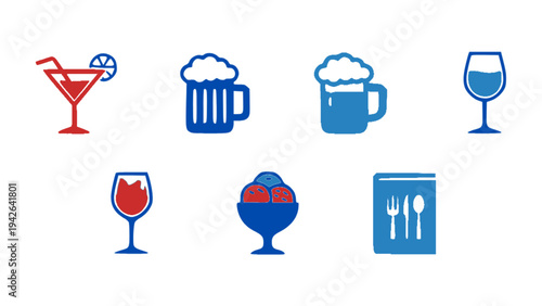 Modern drink icon set featuring cocktail glass, beer mug, wine glass, ice cream, and restaurant menu symbol.