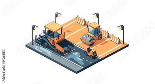 Isometric road construction scene with vehicles and traffic signals for urban development