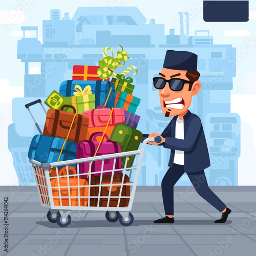 Muslim Man Pushing Shopping Cart Full of Luggage and Eid Gifts for Mudik Travel Illustration