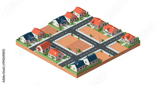 Isometric residential neighborhood with roads and houses