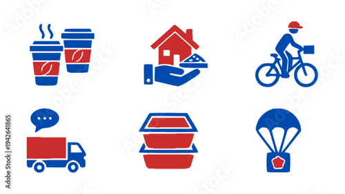 Flat icon set representing online delivery services including coffee, food order, bicycle delivery, package box, and parachute shipping.