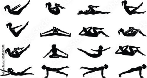 Professional Gym Workout and Bodybuilding Icon Set Featuring Athletes Lifting Weights Bench Press Dumbbell Training and Fitness Exercise Silhouettes