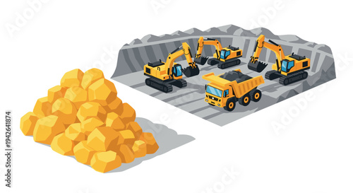 Construction site with excavators and dump truck in quarry isometric illustration