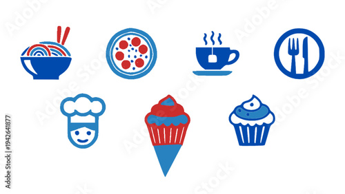 Dessert themed icon collection including cupcake, ice cream, coffee cup, noodles bowl, and chef character.