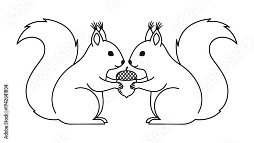 Squirrels' Acorn Harmony: Two adorable squirrels share an acorn, their silhouettes elegantly depicted, embodying the essence of togetherness and cooperation. 