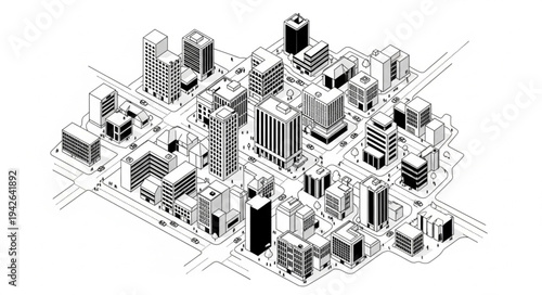 Detailed Black and White Cityscape Illustration with Skyscrapers.
