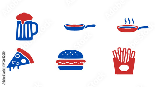 Colorful fast food icon collection featuring burger, pizza, fries, beer mug, and cooking pan in simple flat design