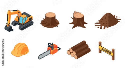 Forestry and construction tools in isometric style: excavator, chainsaw, logs, caution sign