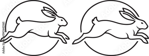Stylized Line Art of Two Leaping Rabbits within Circles, Fast Motion and Speed Concept