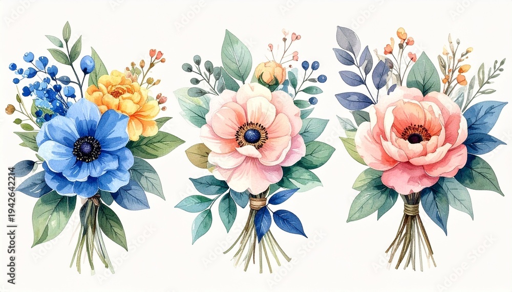 Fototapeta premium A watercolor floral bouquet illustration set featuring multiple bouquets and botanical elements.
