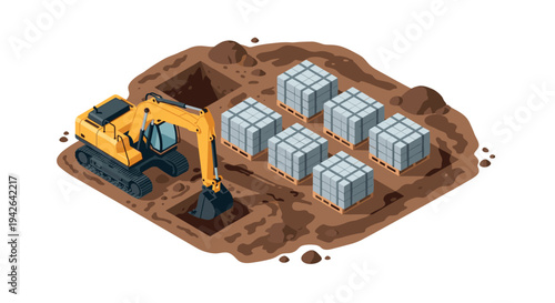 Excavator digging in construction site with concrete blocks in isometric style