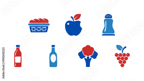 Flat food and drink icon pack including apple, grapes, broccoli, bottles, and beverage elements.