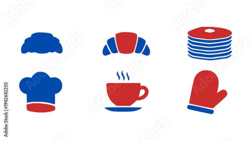 Kitchen themed icon set including chef hat, cup, plates, oven mitt, and cooking utensils in flat style.