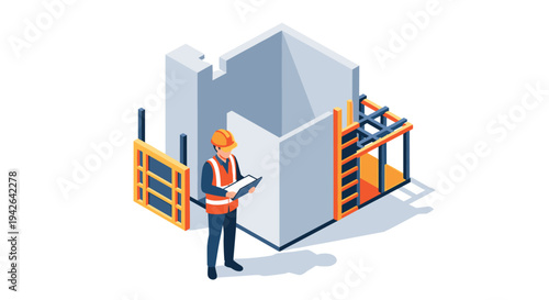 Construction manager reviewing progress with modern architecture in background