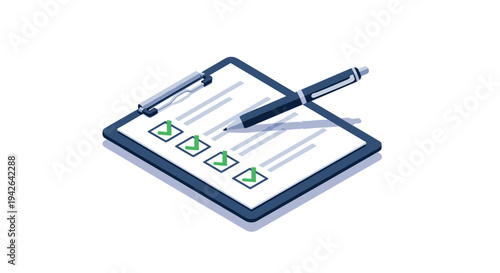 Isometric checklist design with pen on clipboard for task management