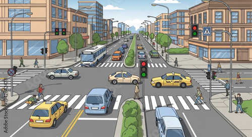 Bustling City Intersection with Cars, Buses, and Pedestrians.