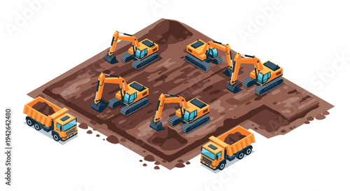 Construction site with excavators and dump trucks in isometric 3d view