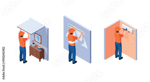 Professional home renovation process depicted in detailed isometric art style