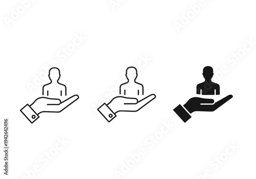 Set of hand holding person icons, outline and solid styles for insurance, support, and care concepts
