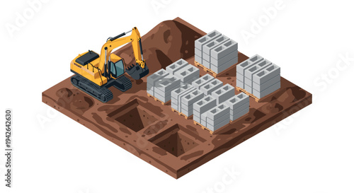 Isometric construction site with excavator and concrete blocks on dirt ground