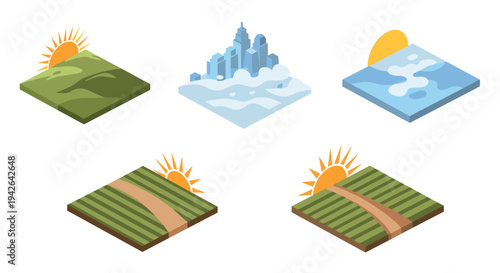 Isometric nature and city landscapes with sunrise elements