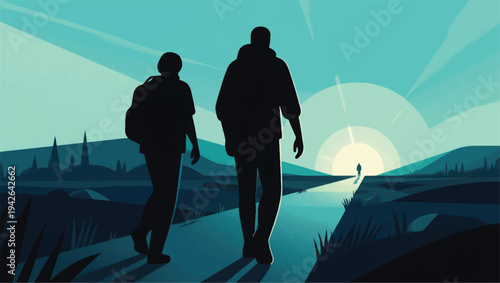 Illustration Of An Adventurer Walking Towards A Bright Light In The Distance Across The Wilderness Vector Design Template