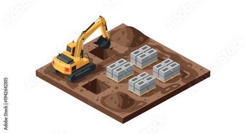 Isometric construction scene with excavator and concrete blocks