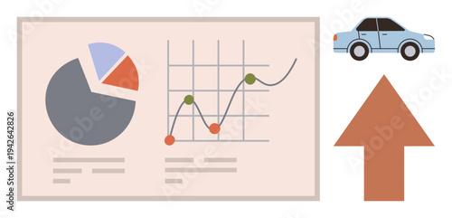 Business analytics, automotive industry, market growth, financial performance, data visualization, progress tracking. Pie chart, line graph car arrow. Automotive industry and market growth concept