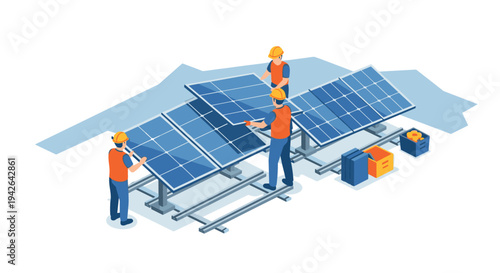 Workers installing solar panels in a modern isometric scene