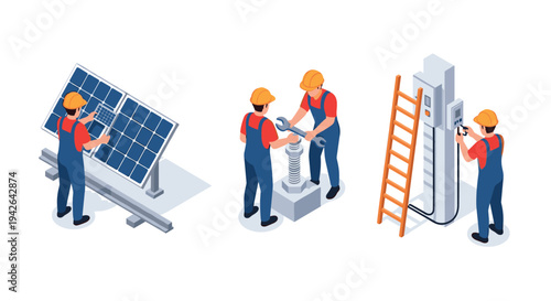 Renewable energy workers in isometric style: solar panel, power station, charging station