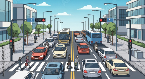 Bustling City Street Scene with Cars and Pedestrians.