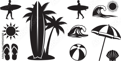 Black and white beach icons and summer vacation symbols