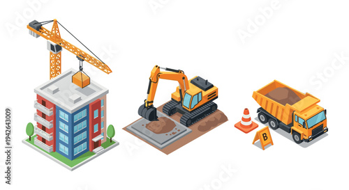 Isometric construction site with crane, excavator, and dump truck