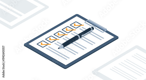 Isometric checklist with pen on clipboard for task and goal management