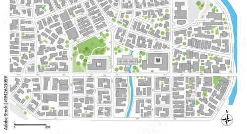Detailed Urban Plan Depicting City Layout with Green Spaces and Infrastructure.