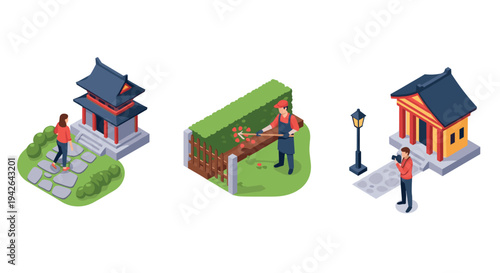 Isometric asian architecture and gardening: cultural landscapes