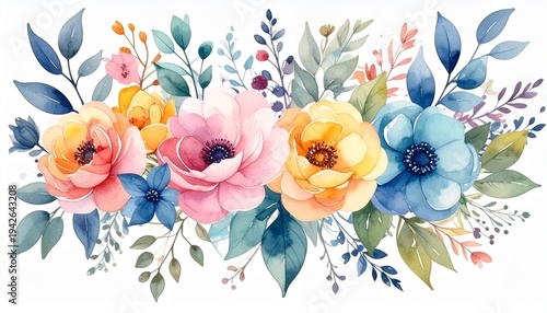 A watercolor floral bouquet illustration set featuring multiple bouquets and botanical elements.