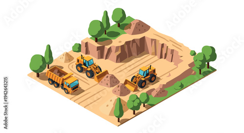 Isometric construction site with heavy machinery and nature elements