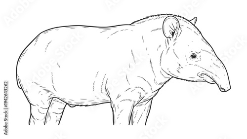 Tapir Illustration: A detailed black-and-white illustration of a tapir, showcasing its distinctive snout and stout body. The artwork captures the unique features of this herbivorous mammal.