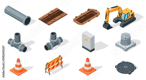Isometric construction equipment and roadwork icons for design projects