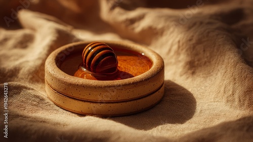 Golden Honey Swirling in a Ceramic Bowl with Dipper