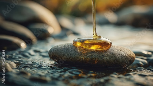 Golden honey stream cascading onto a smooth river stone