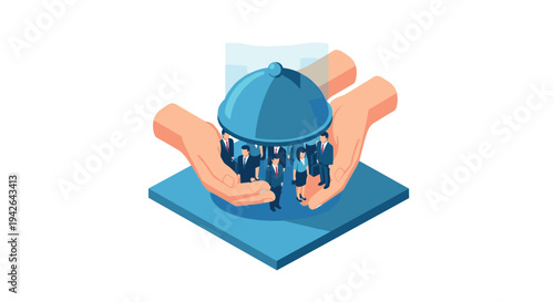 Isometric blue shelter hands protecting business team in abstract style