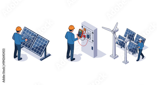Technicians inspecting solar panels and wind turbines in isometric renewable energy concept