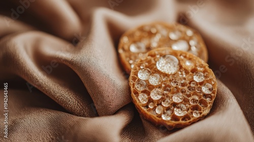 Honeycomb Slice With Glistening Droplets Resting on Fabric