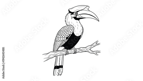Hornbill on a Branch: This striking sketch captures the elegance of a hornbill perched serenely on a tree branch, showcasing its distinctive beak and unique features. 