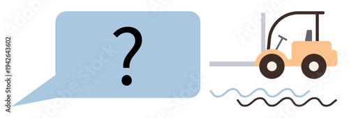 Logistics management, supply chain solutions, transportation queries, problem solving, warehouse operations, decision-making. Speech bubble with question mark and forklift near wavy lines. Logistics