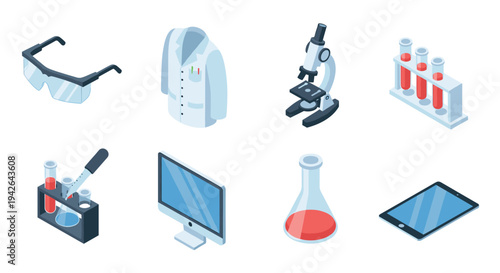 Isometric science equipment icons: microscope, lab coat, test tubes, flask, and digital tools