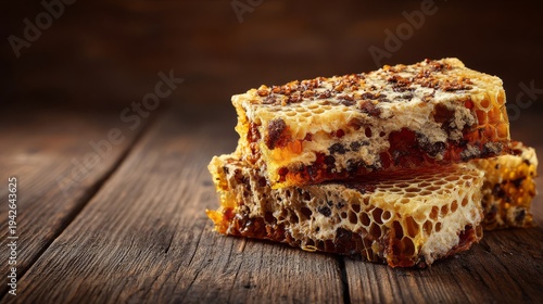 Natural Honeycomb with Beeswax and Propolis on Rustic Wood